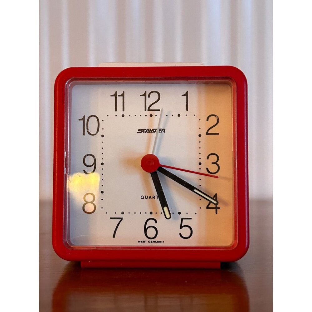 Mid Century Staiger Quartz Alarm Clock Red White Square West Germany